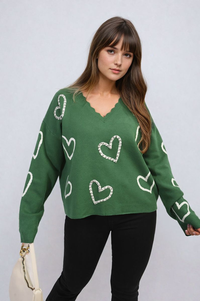 V-neck Embellished Hearts Long Sleeve Knitted Jumper - Black River UK