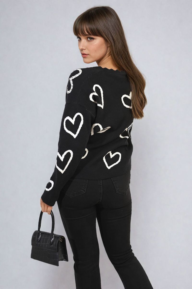 V-neck Embellished Hearts Long Sleeve Knitted Jumper - Black River UK