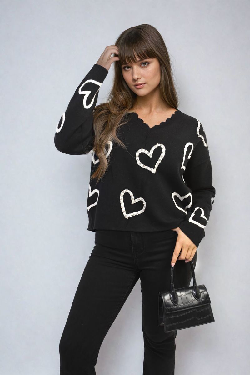 V-neck Embellished Hearts Long Sleeve Knitted Jumper - Black River UK