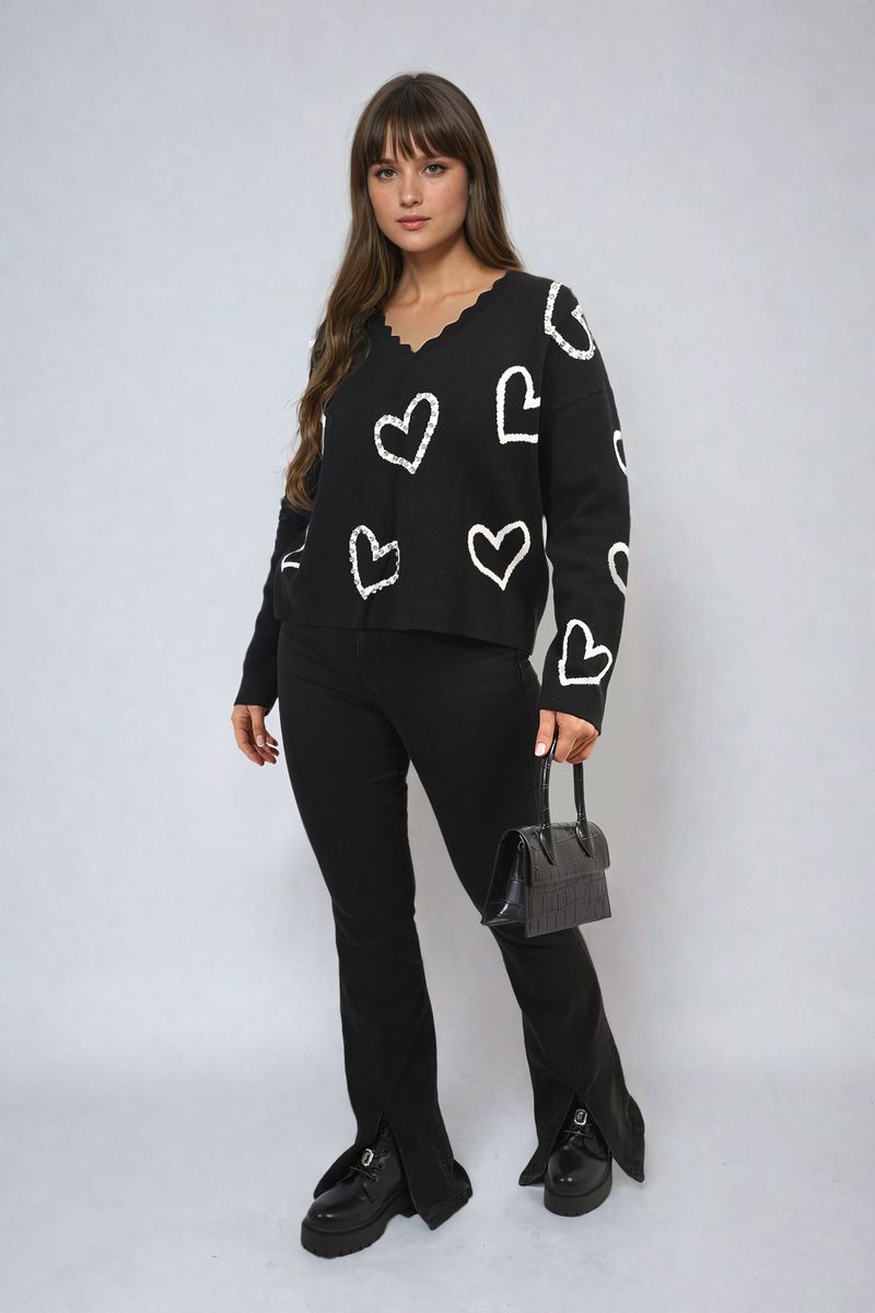 V-neck Embellished Hearts Long Sleeve Knitted Jumper - Black River UK