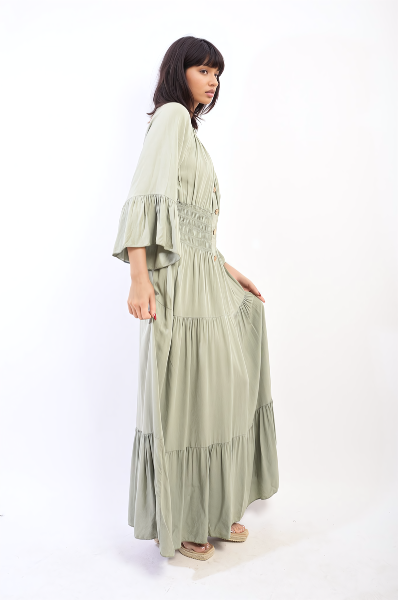 Ruffle Hem Sleeve Shirred Waist Tiered Maxi Dress - Black River UK