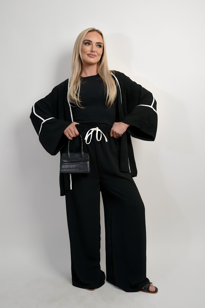 Contrast Trim Oversized Cardigan & Wide Leg Co-ord Set - Black River UK