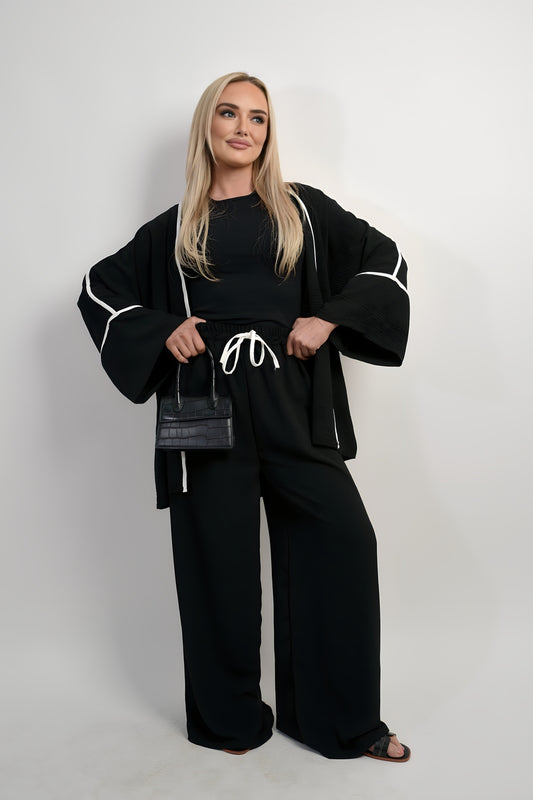 Contrast Trim Oversized Cardigan & Wide Leg Co-ord Set - Black River UK