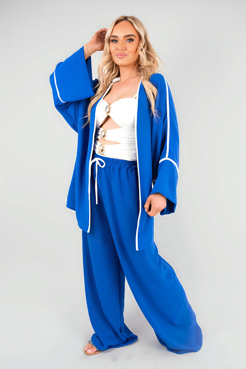 Contrast Trim Oversized Cardigan & Wide Leg Co-ord Set - Black River UK