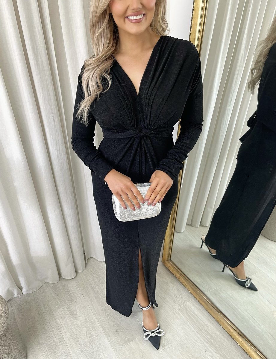 Glitter Twist Front Slit Maxi Dress - Black River UK