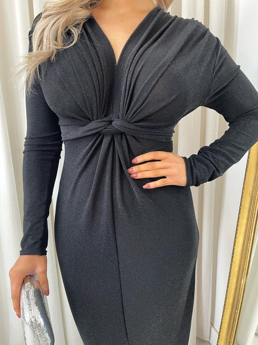 Glitter Twist Front Slit Maxi Dress - Black River UK