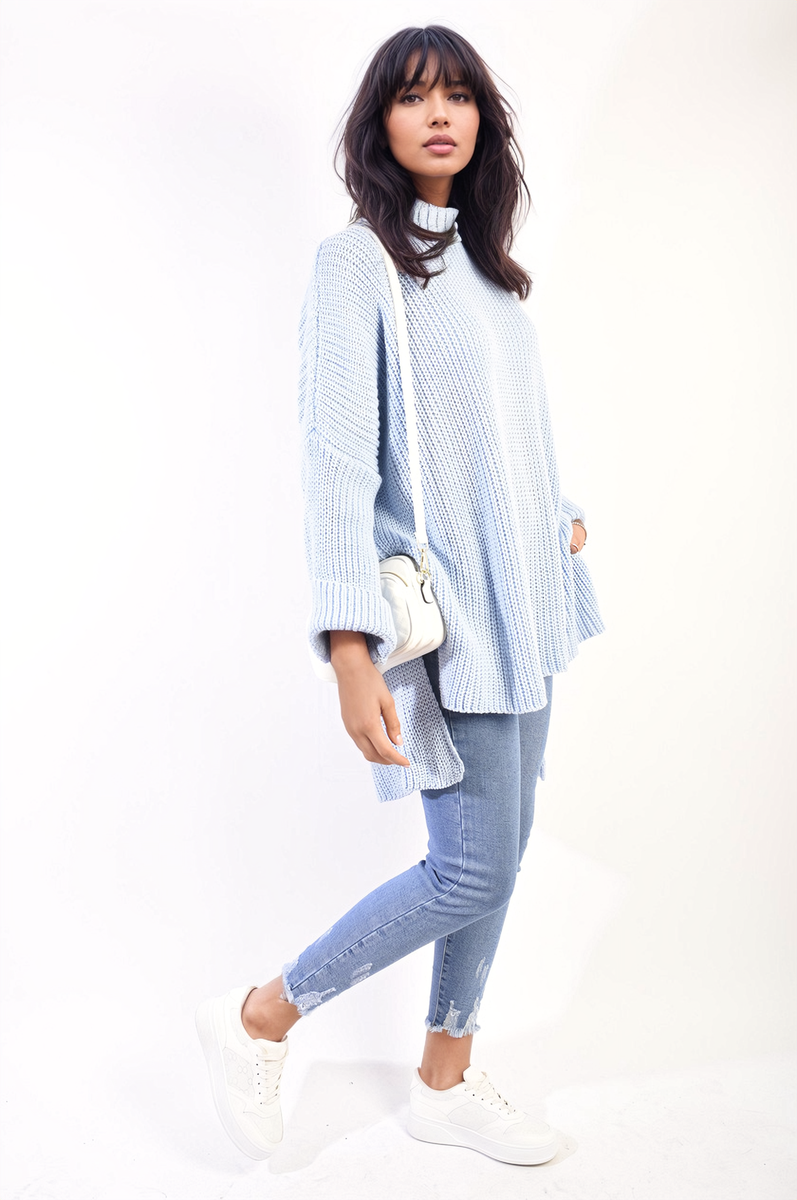 High Neck Oversized Long Sleeve Knitted Jumper - Black River UK