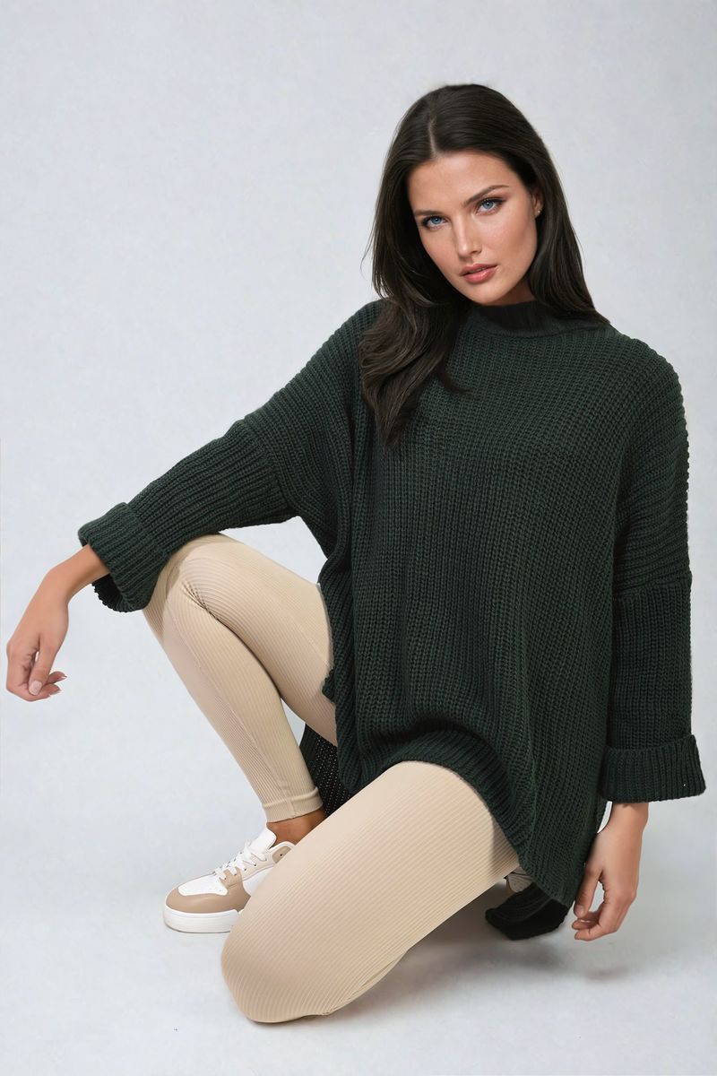 High Neck Oversized Long Sleeve Knitted Jumper - Black River UK