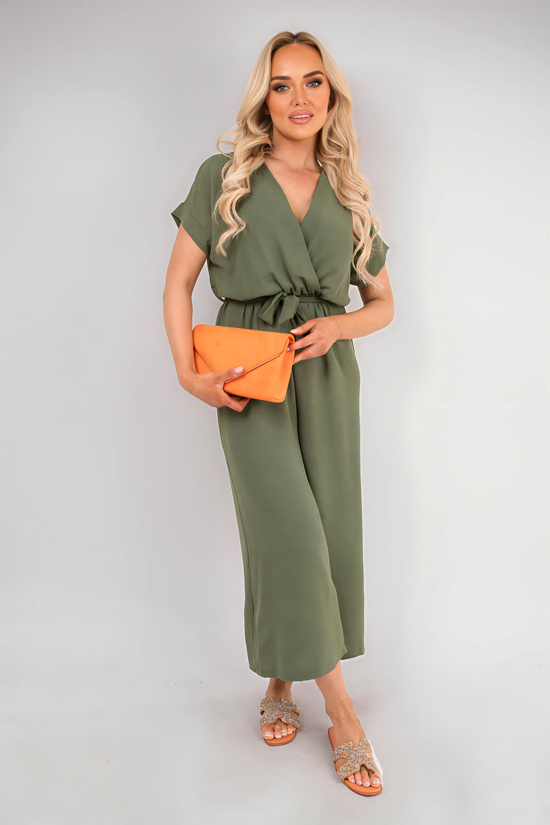Wrap Short Sleeve Wide Leg Jumpsuit with Tie Waist - Black River UK