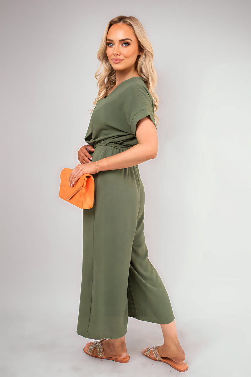 Wrap Short Sleeve Wide Leg Jumpsuit with Tie Waist - Black River UK