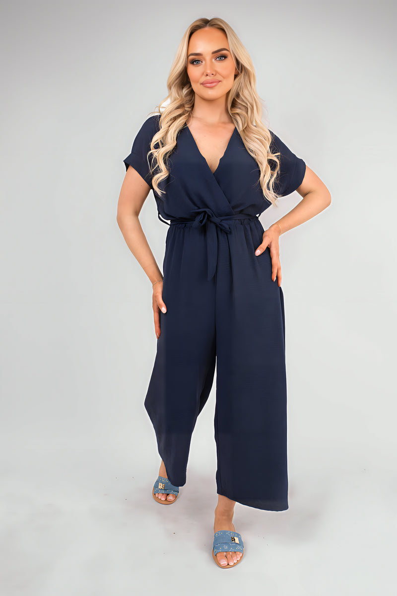 Wrap Short Sleeve Wide Leg Jumpsuit with Tie Waist - Black River UK