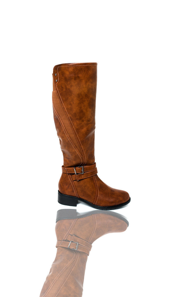 Faux Leather Buckle Knee High Boots - Black River UK