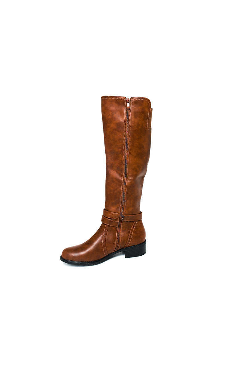 Faux Leather Buckle Knee High Boots - Black River UK