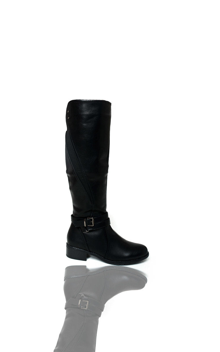 Faux Leather Buckle Knee High Boots - Black River UK