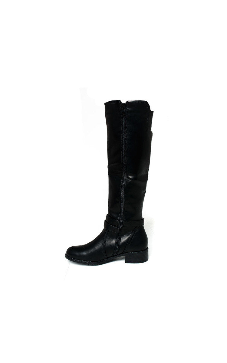 Faux Leather Buckle Knee High Boots - Black River UK