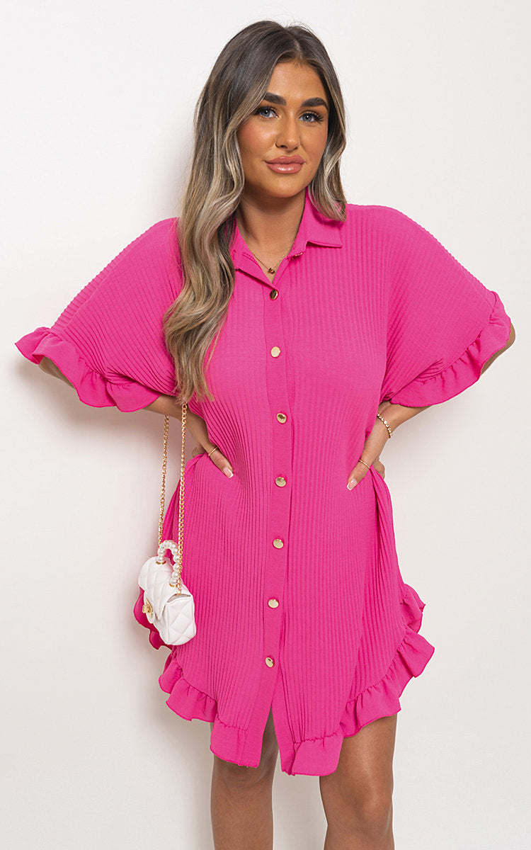 Button Down Oversized Ruffle Short Sleeve Mini Dress - Black River UK