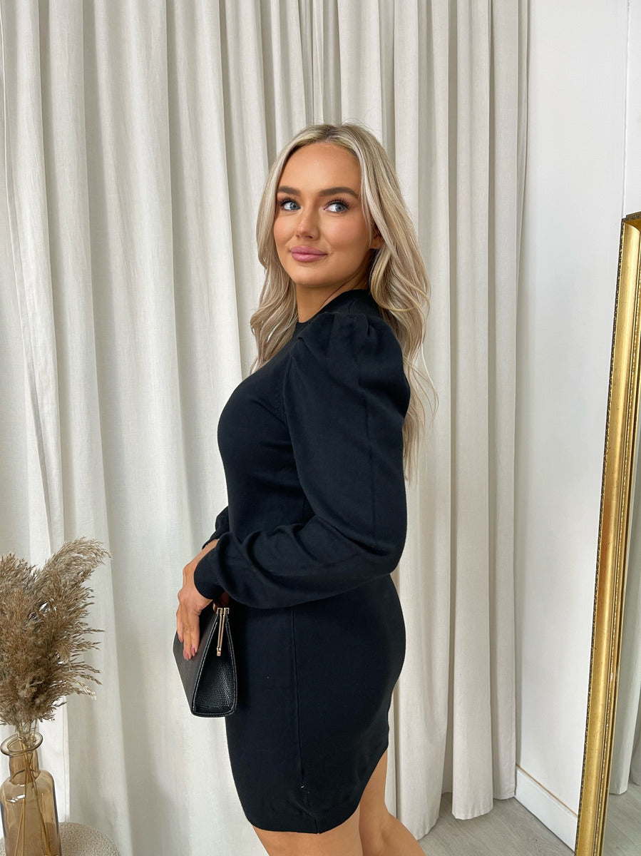 Puff Shoulder Knitted Jumper Dress - Black River UK