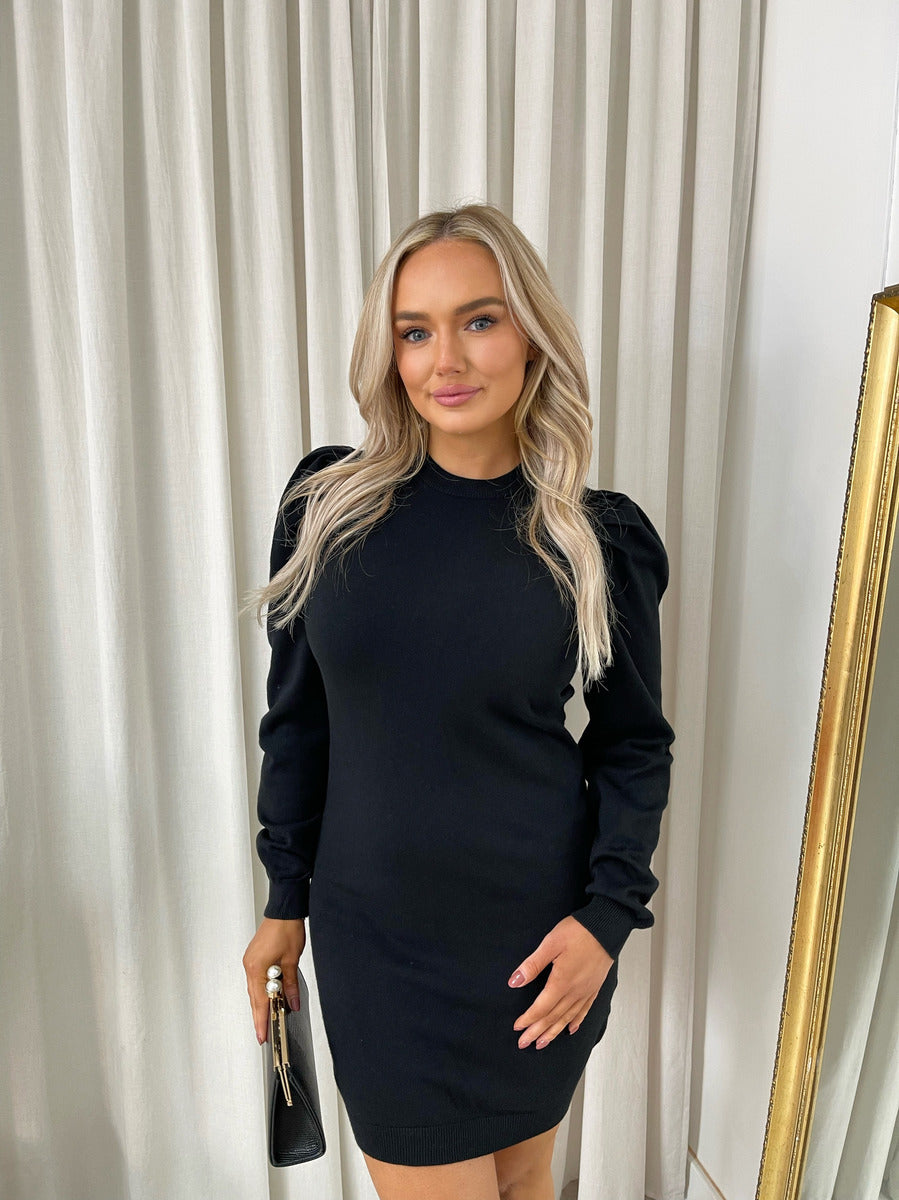 Puff Shoulder Knitted Jumper Dress - Black River UK