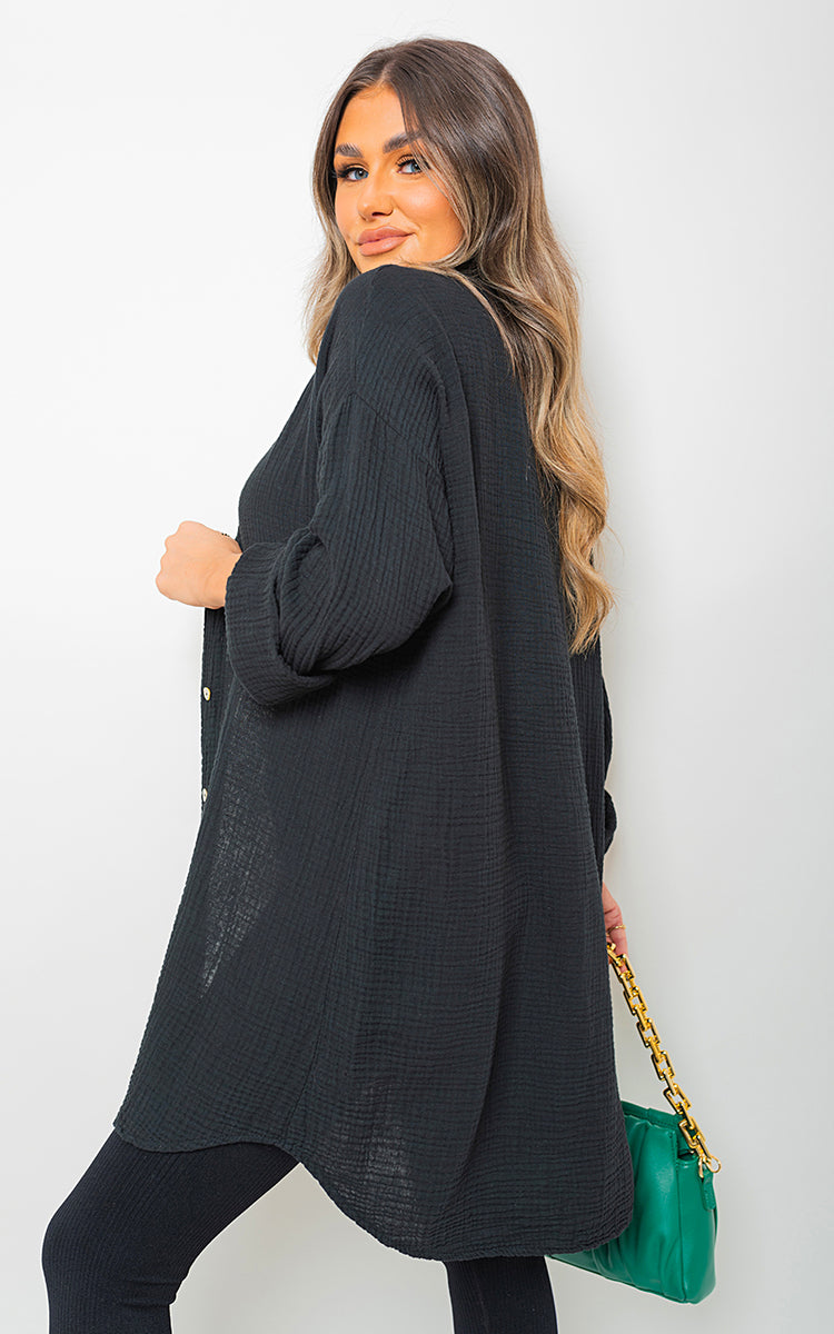 Button Down Long Sleeve Oversized Shirt - Black River UK