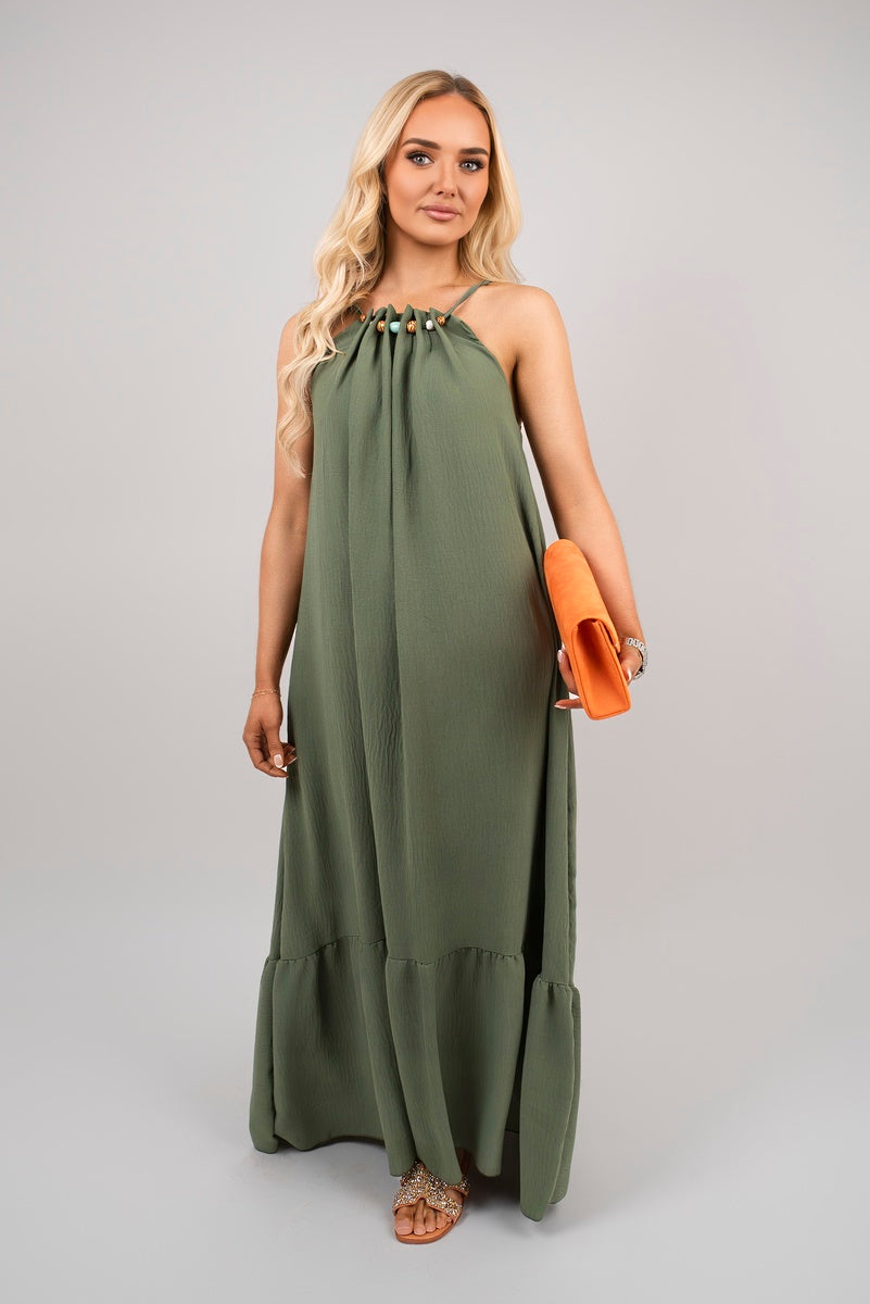 Sleeveless Beaded Halter Neck Maxi Dress with Tiered Hem - Black River UK