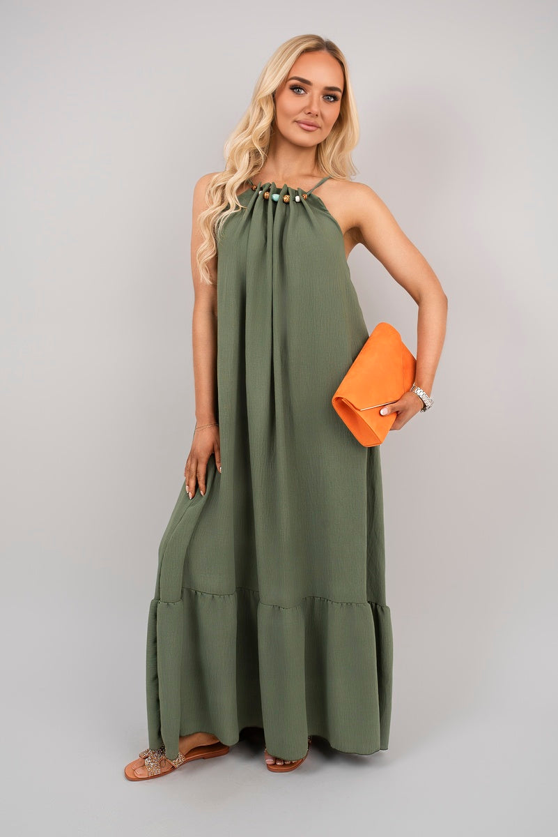 Sleeveless Beaded Halter Neck Maxi Dress with Tiered Hem - Black River UK