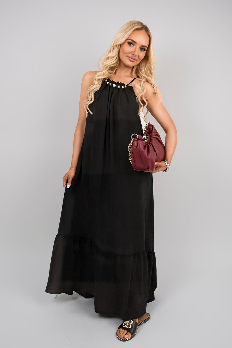 Sleeveless Beaded Halter Neck Maxi Dress with Tiered Hem - Black River UK