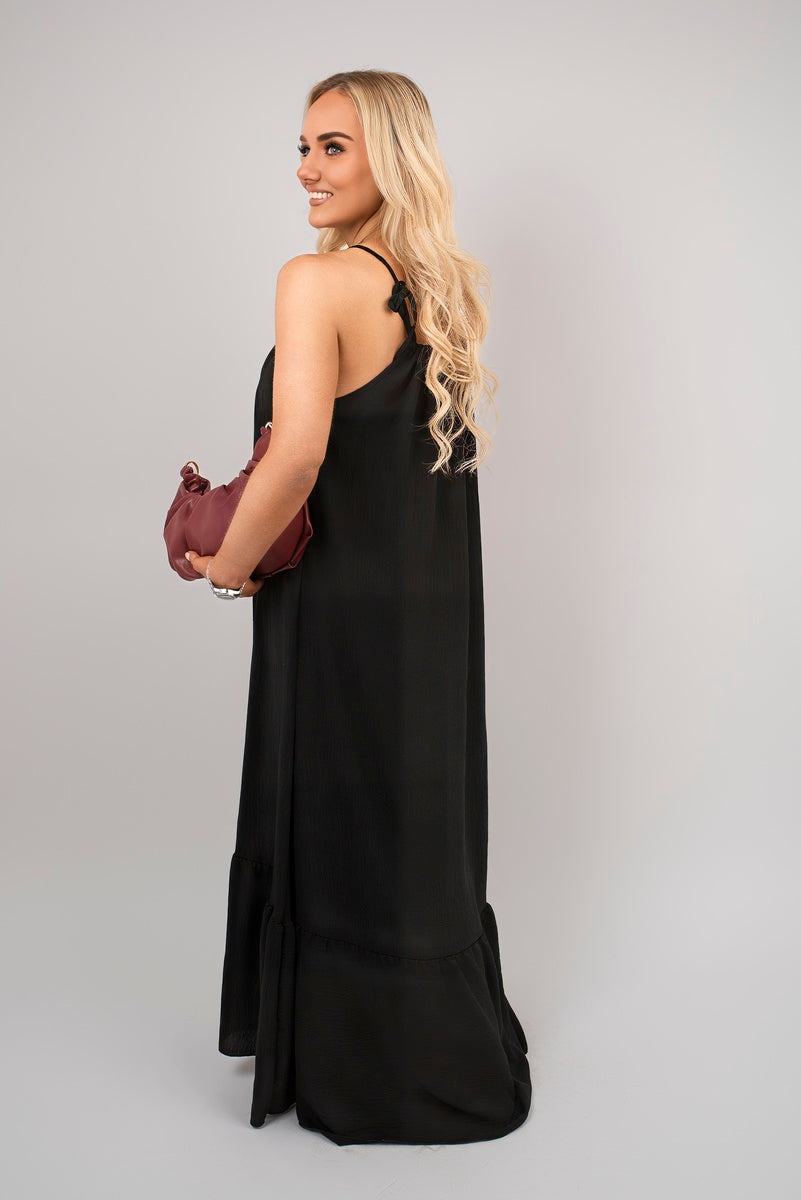 Sleeveless Beaded Halter Neck Maxi Dress with Tiered Hem - Black River UK