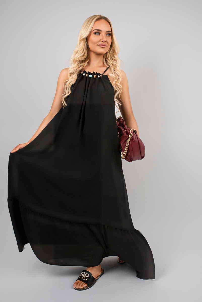 Sleeveless Beaded Halter Neck Maxi Dress with Tiered Hem - Black River UK