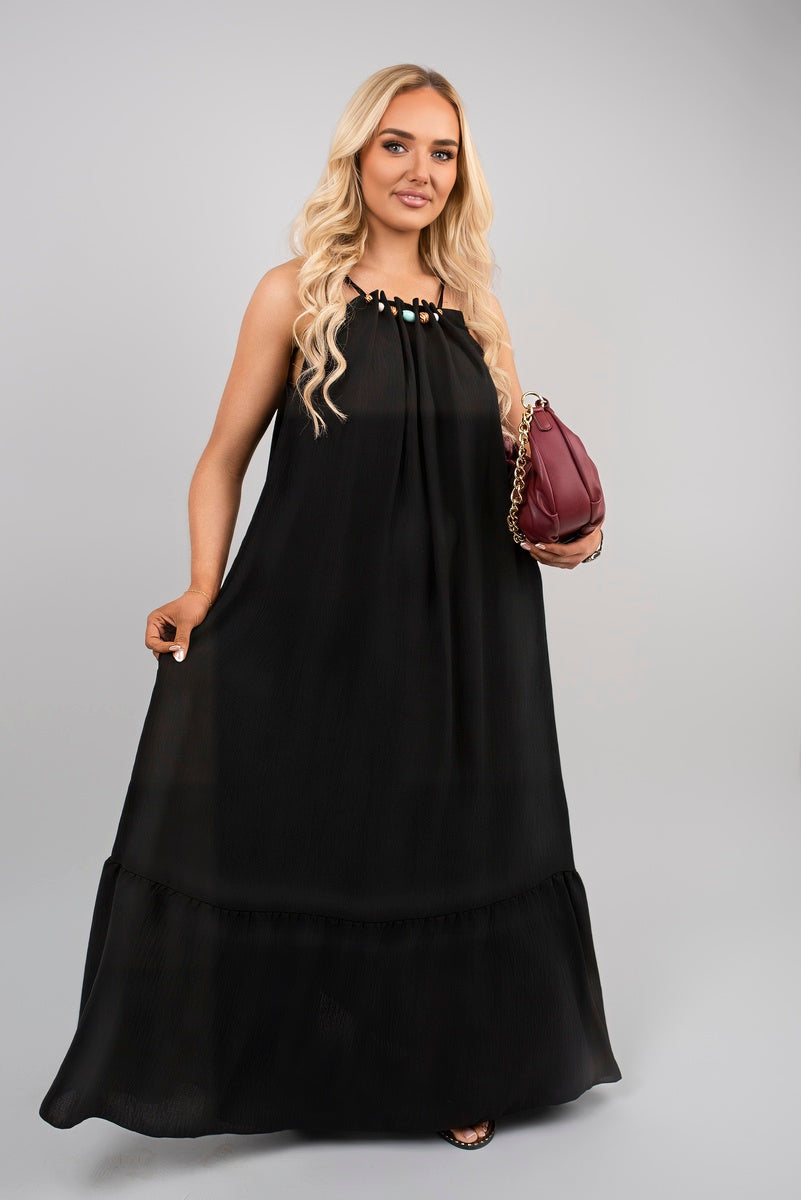 Sleeveless Beaded Halter Neck Maxi Dress with Tiered Hem - Black River UK