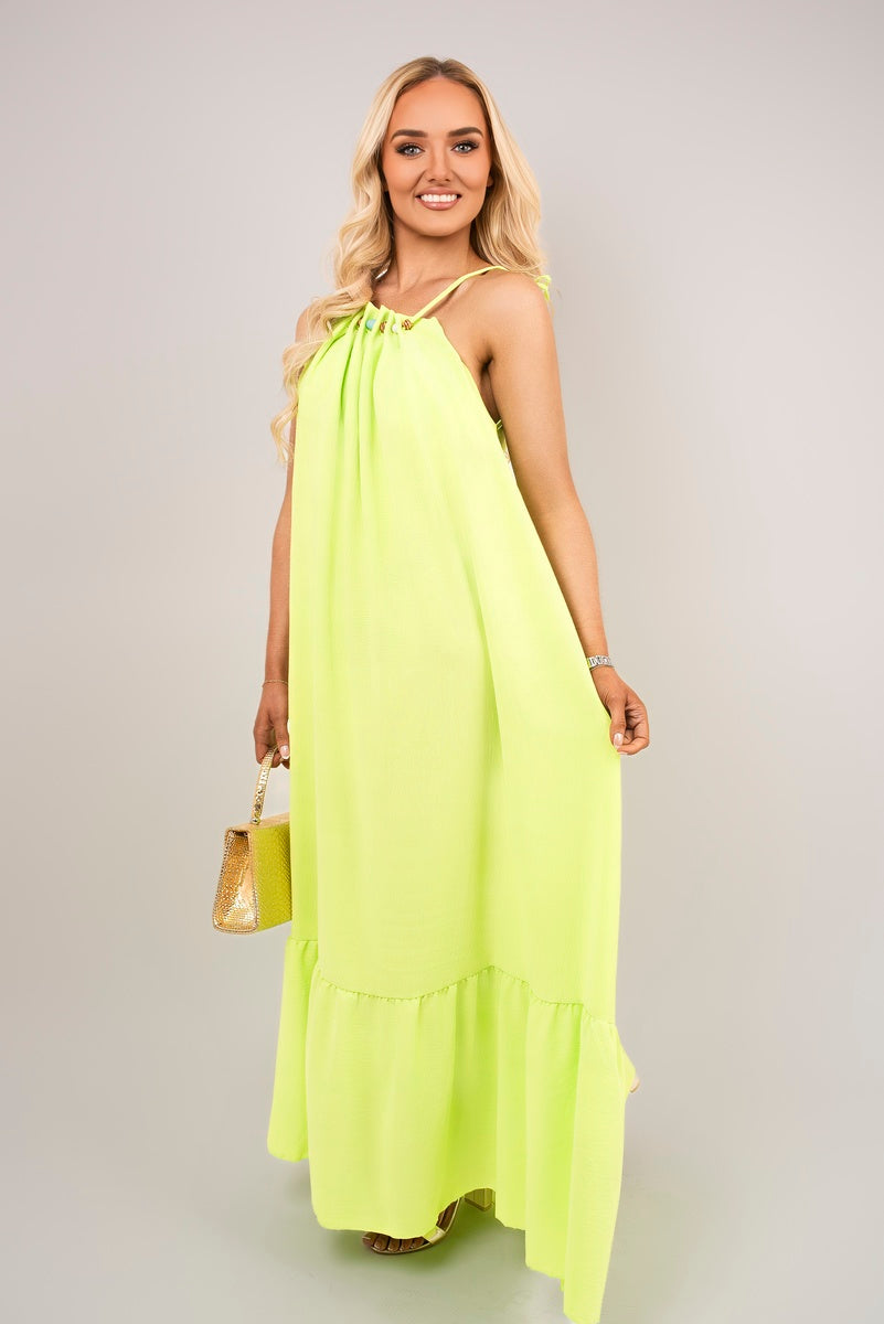 Sleeveless Beaded Halter Neck Maxi Dress with Tiered Hem - Black River UK