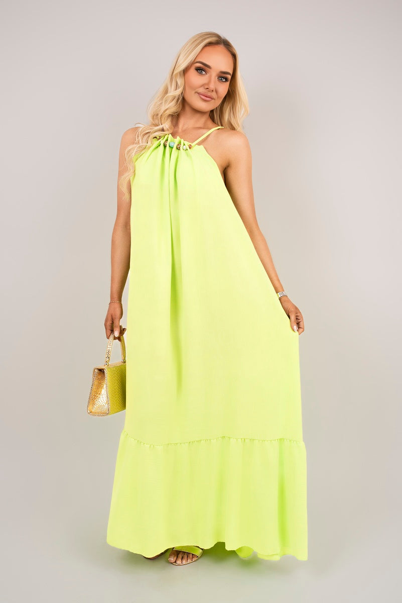 Sleeveless Beaded Halter Neck Maxi Dress with Tiered Hem - Black River UK