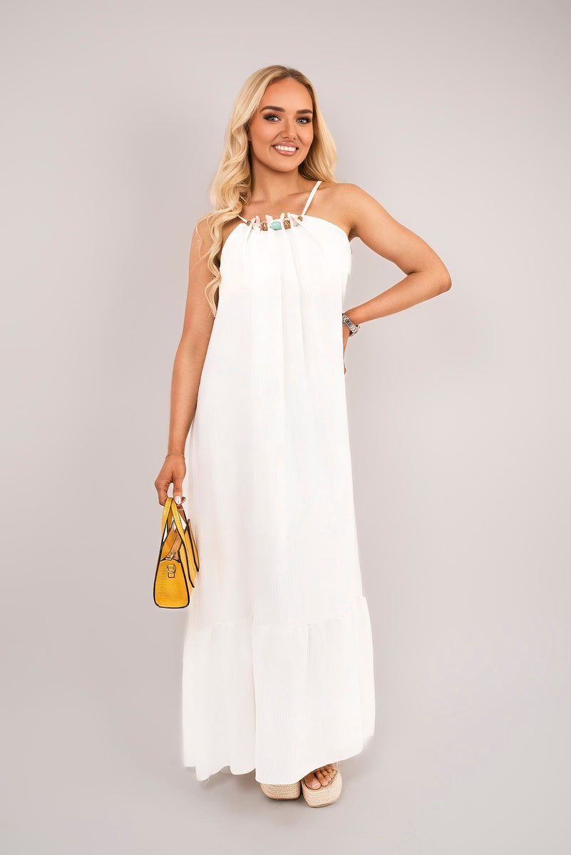 Sleeveless Beaded Halter Neck Maxi Dress with Tiered Hem - Black River UK