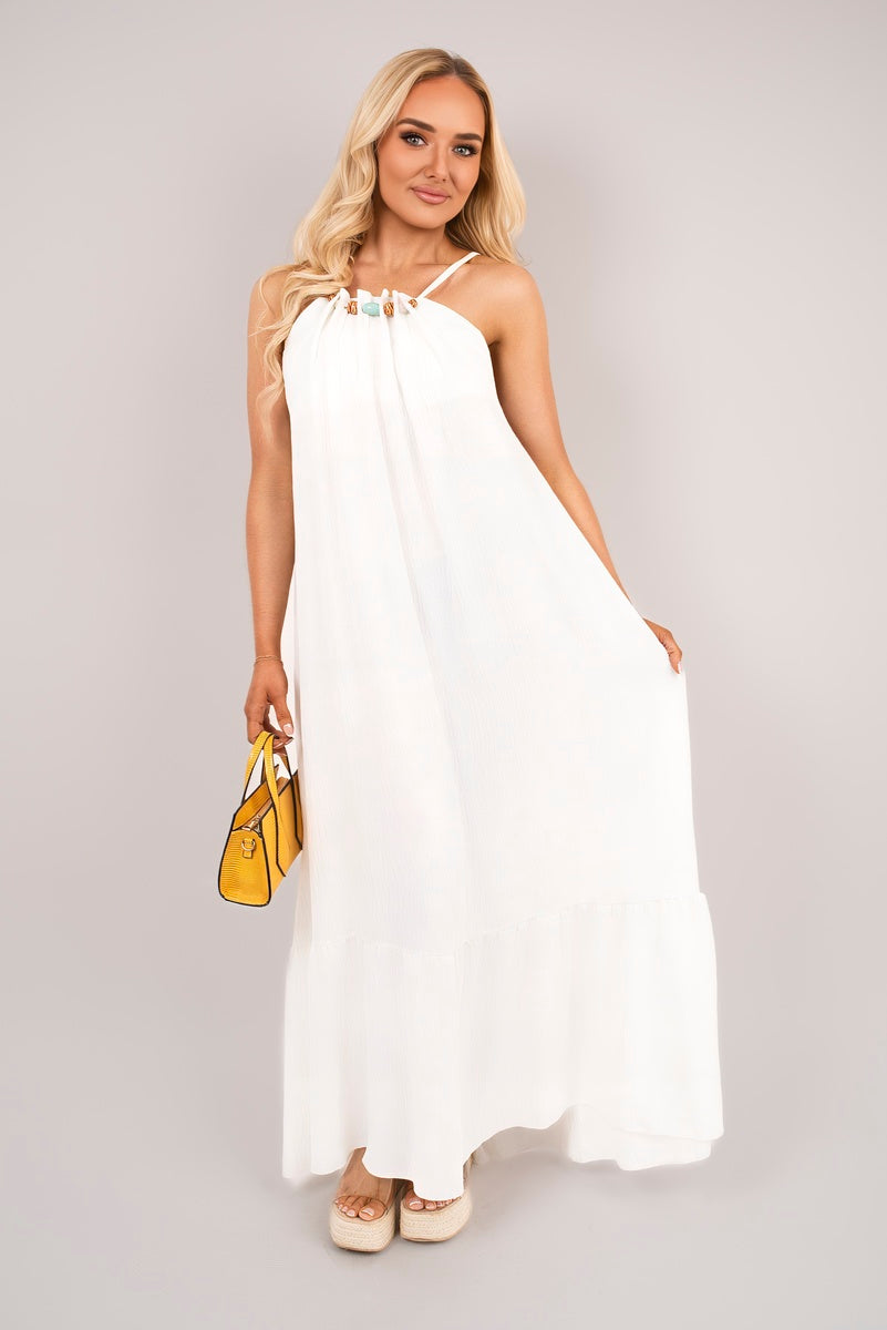 Sleeveless Beaded Halter Neck Maxi Dress with Tiered Hem - Black River UK