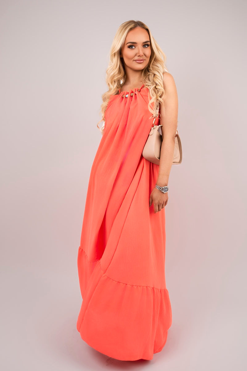 Sleeveless Beaded Halter Neck Maxi Dress with Tiered Hem - Black River UK