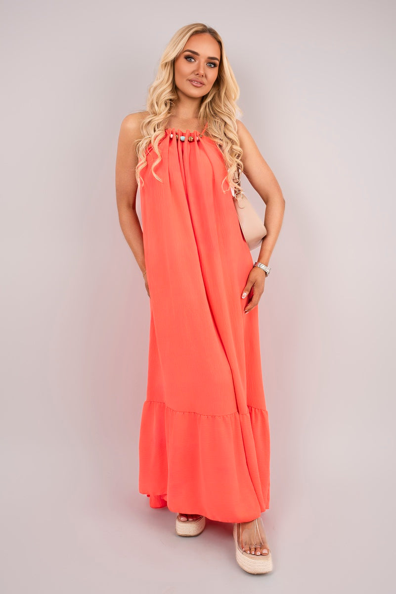 Sleeveless Beaded Halter Neck Maxi Dress with Tiered Hem - Black River UK