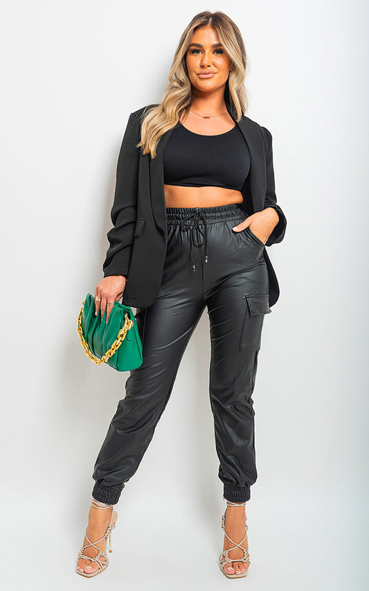 High Waisted Faux Leather Cargo Trousers - Black River UK