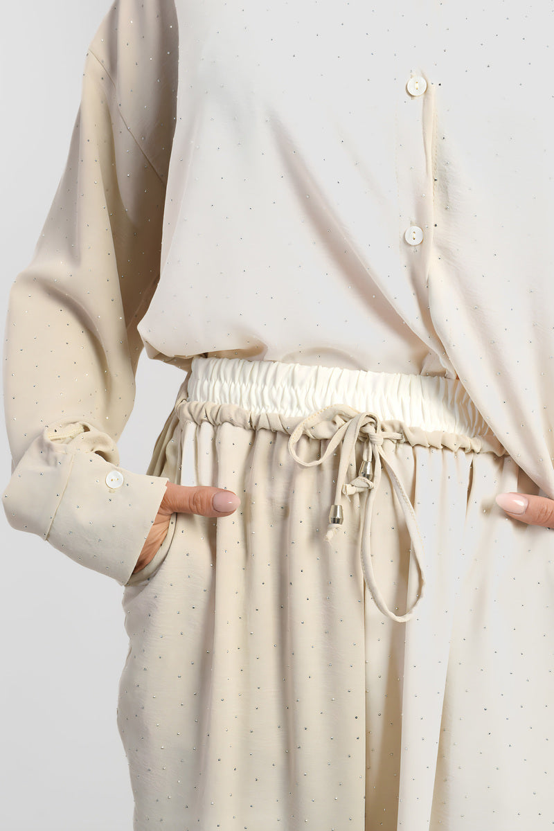 Embellished Drawstring Wide Leg Trouser - Black River UK