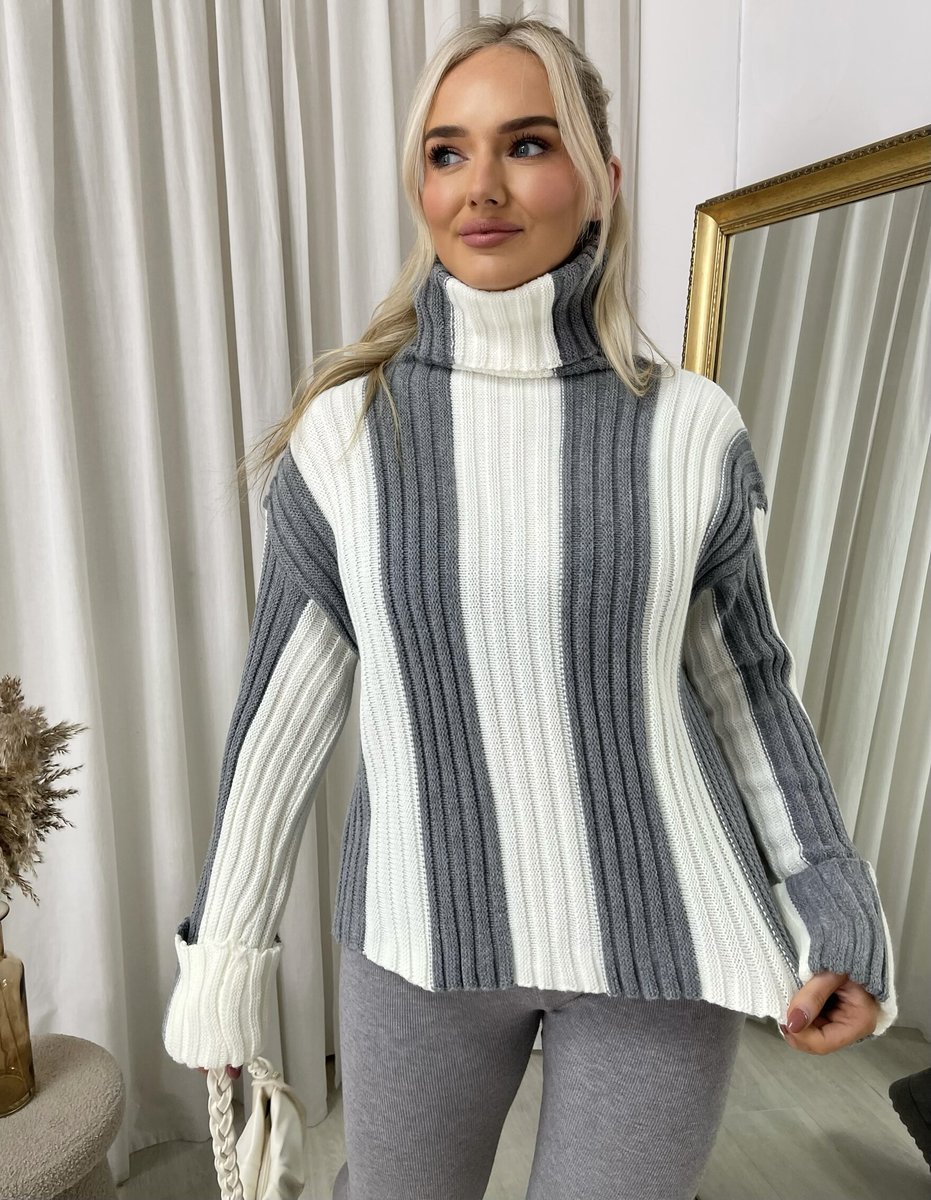 Roll Neck Stripe Knitted Jumper - Black River UK