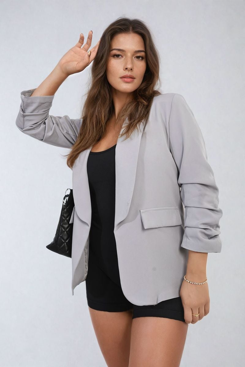 IKRUSH - Valerie Ruched Sleeve Open Front Blazer Jacket with Front Pockets