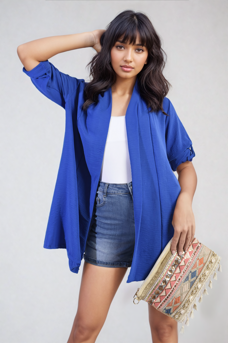 Open Front Roll Up Sleeve Cardigan - Black River UK