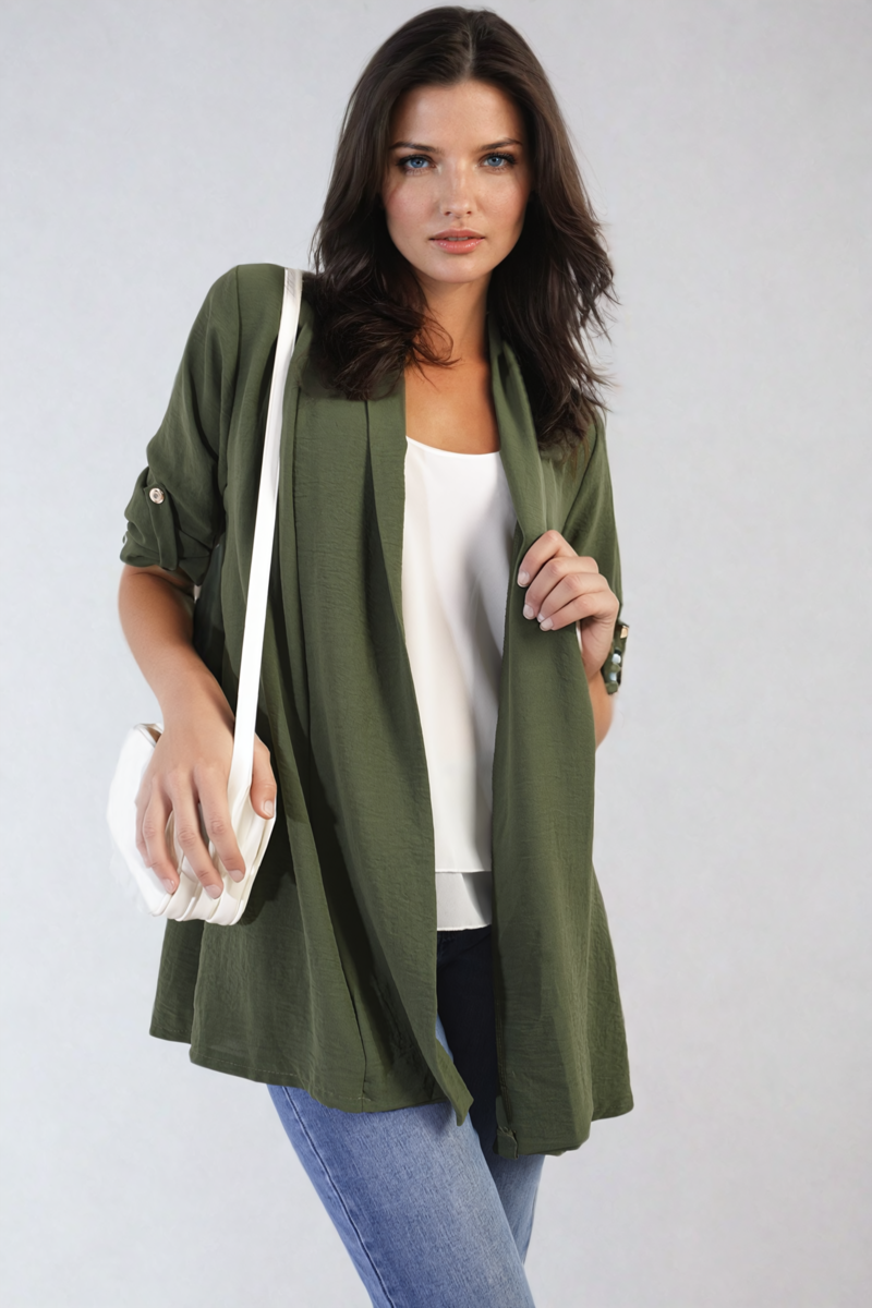 Open Front Roll Up Sleeve Cardigan - Black River UK