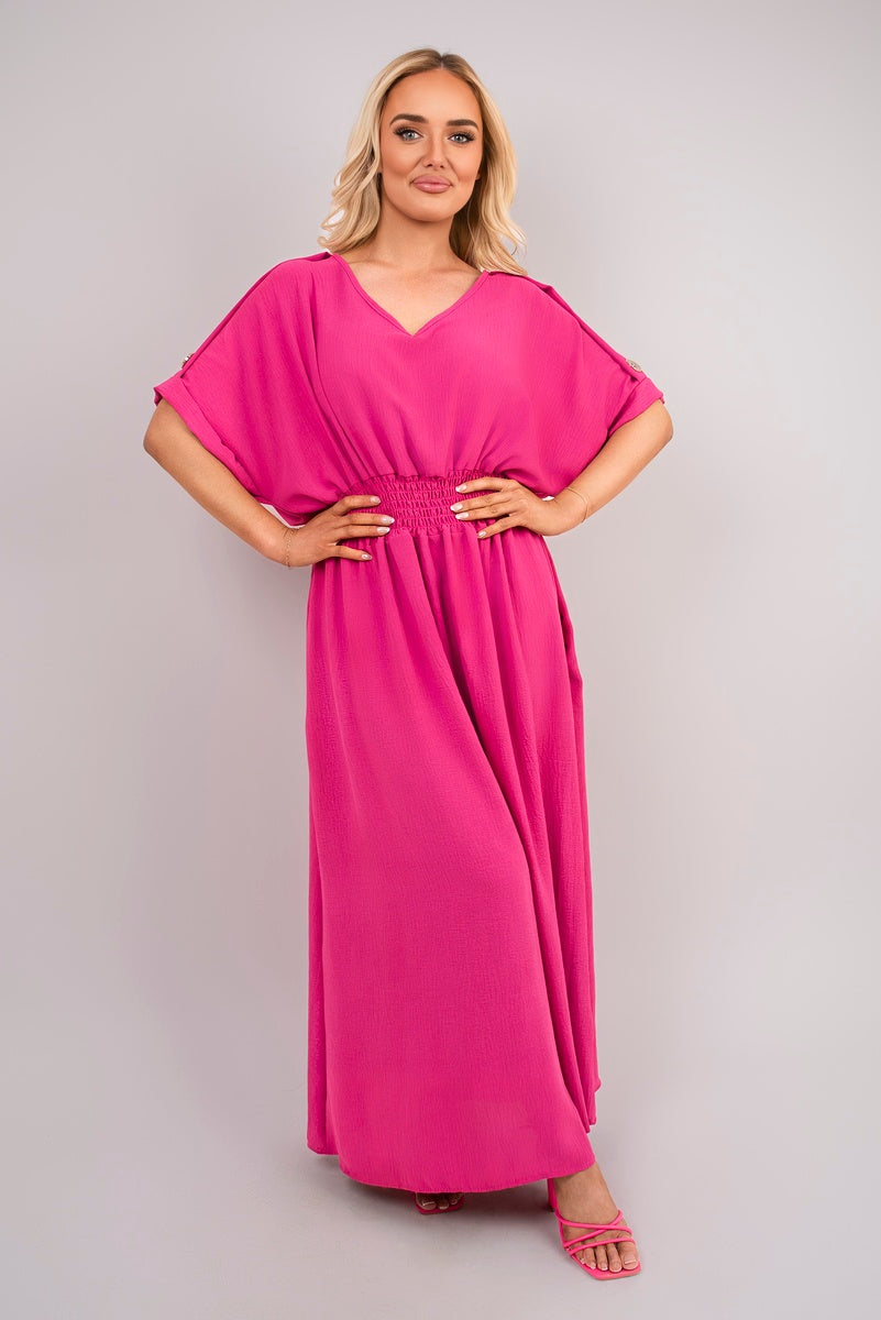 V Neck Short Sleeve Maxi Dress with Button Detail - Black River UK