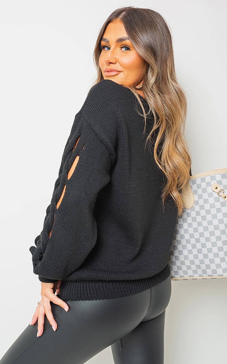 Cable Knit Jumper with Cut Out Detail - Black River UK
