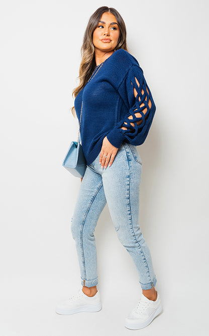 Cable Knit Jumper with Cut Out Detail - Black River UK