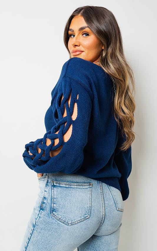 Cable Knit Jumper with Cut Out Detail - Black River UK