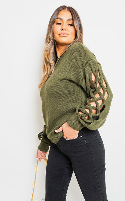 Cable Knit Jumper with Cut Out Detail - Black River UK