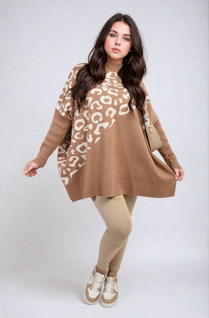 Leopard Print Knitted Long Sleeve Jumper - Black River UK