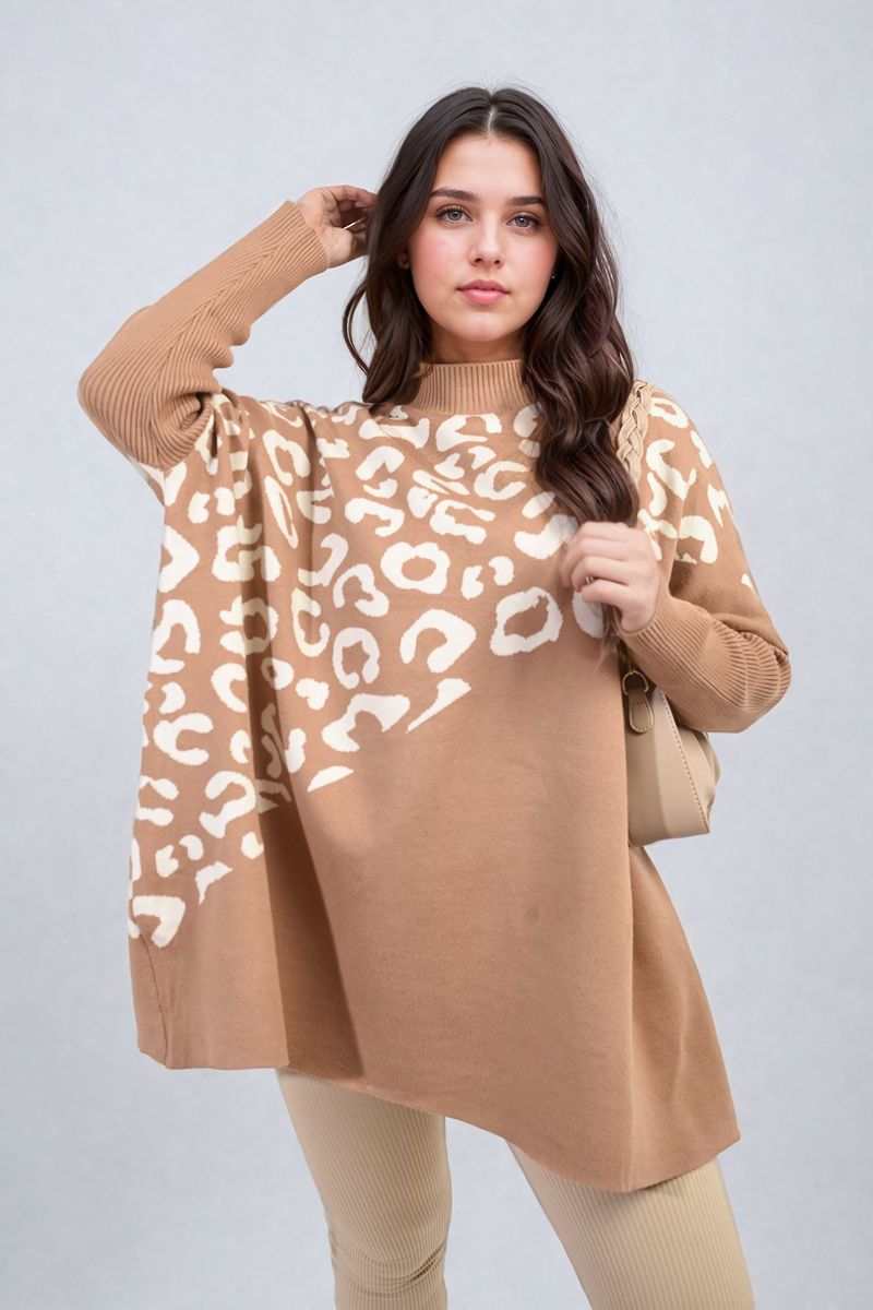 Leopard Print Knitted Long Sleeve Jumper - Black River UK