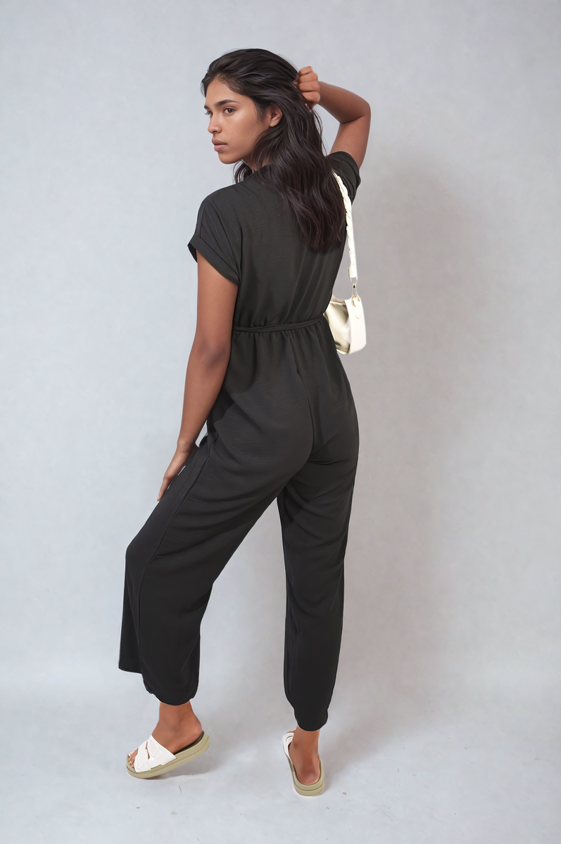 Belted V Neck Jumpsuit with Side Pockets - Black River UK