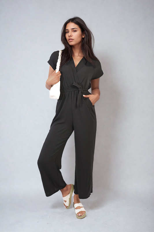 Belted V Neck Jumpsuit with Side Pockets - Black River UK